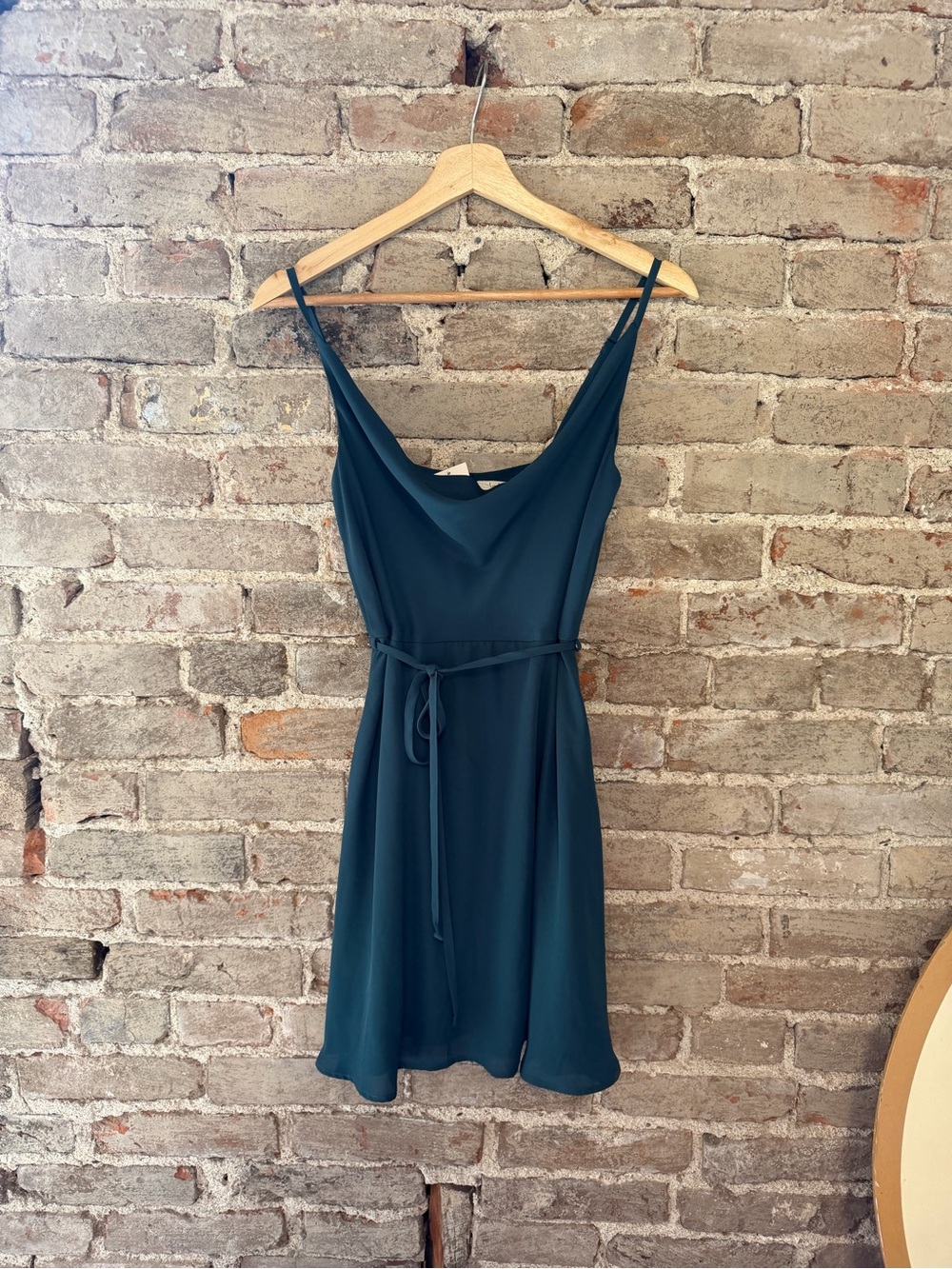 Cowl Neck Mini Slip Dress in Deep Teal with Self-Tie Waist
